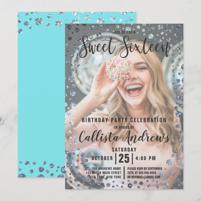 Fotosötat för Aqua Teal Silver Glitter Confetti 16 Inbjudningar (Fram/baksida)