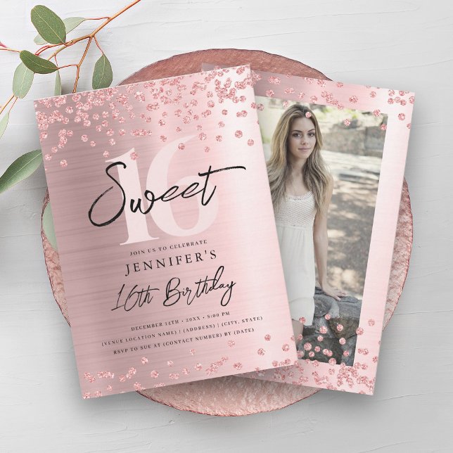 Fotosötningen ro Guld  Glitter 16 Party Inbjudningar (Rose Gold Blush Glitter Photo Sweet 16 Party Invitation)