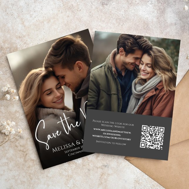 Fotospara Elegant-klassens datumkalligrafi Spara Datumet (Wedding save the date photo card with QR code and a two photo template. )