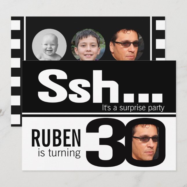 Fotossh manar svartvita foton 30års födelsedag 4 inbjudningar (Fram/baksida)