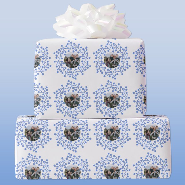 Fotostjärnans andeskandinaviska Helgdag Presentpapper (Scandinavian star wreath garland personalized photo Christmas or holiday gift wrap paper)