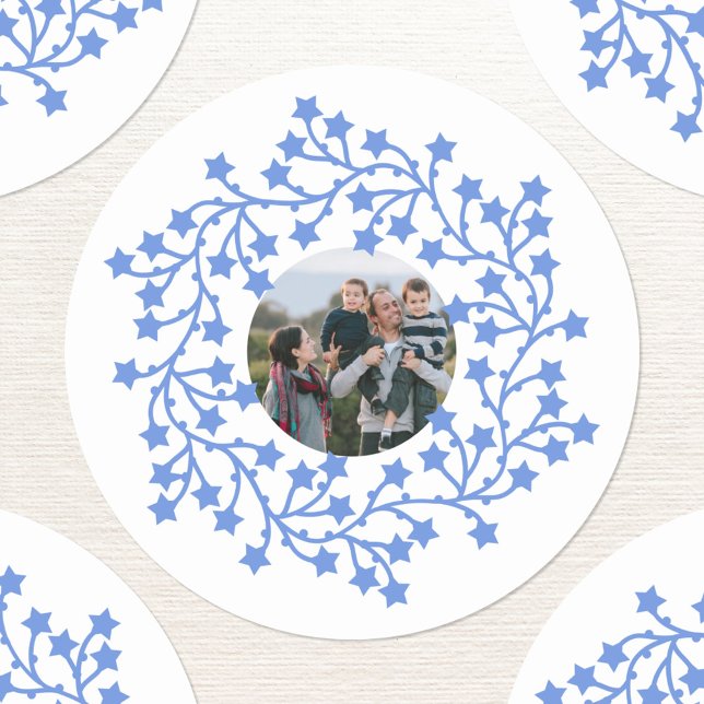 Fotostjärnans andeskandinaviska Helgdag Runt Klistermärke (Scandinavian star wreath garland personalized photo Christmas or holiday sticker)