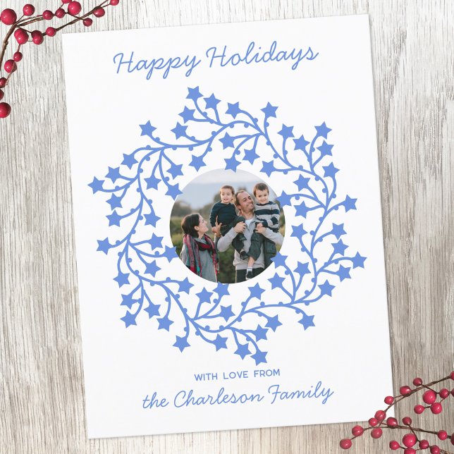 Fotostjärnans andningsskandinaviskt Helgdag vykort (Scandinavian star wreath garland personalized photo Christmas or holiday postcard)