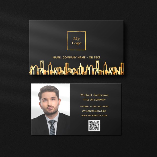 Fotosvart guld skyline gods QR-kod Visitkort (Skapare uppladdad)