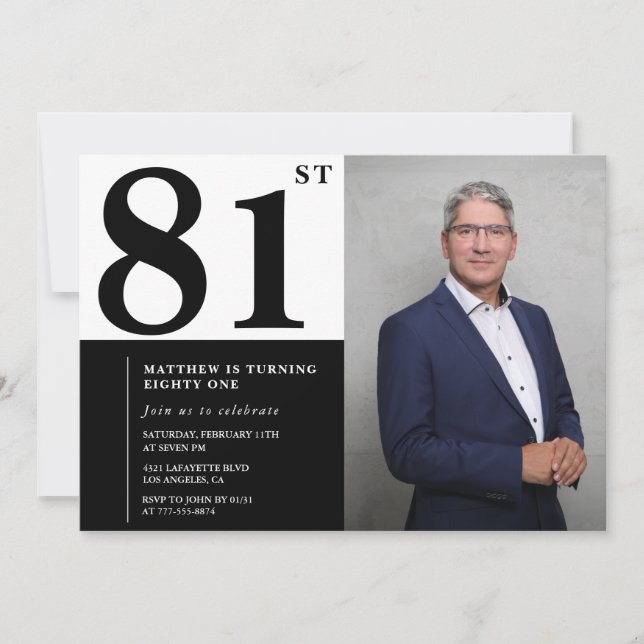 Fotosvart och vit 81:a födelsedagsinbjudan inbjudningar (Framsida)
