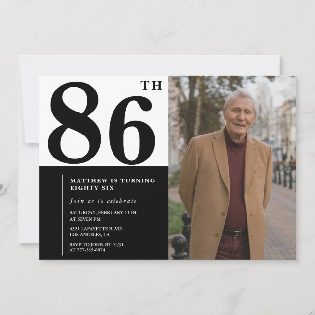 Fotosvart och vit 86:e födelsedagsinbjudan inbjudningar (Framsida)
