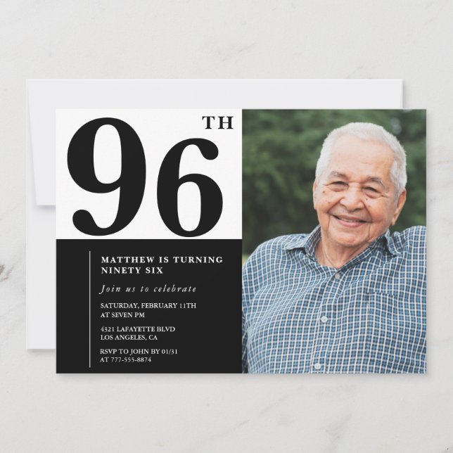 Fotosvart och vit 96:e födelsedagsinbjudan inbjudningar (Framsida)