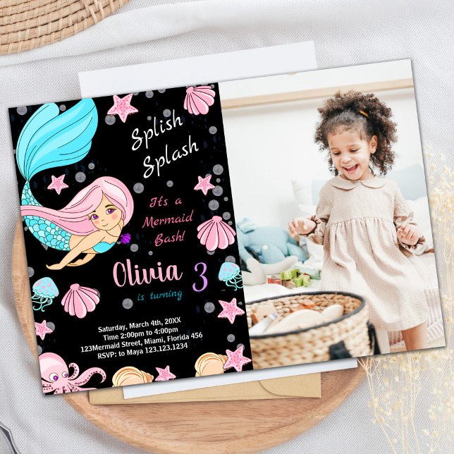 Fotosvart Sjöjungfru, födelsedagsinbjudningar Inbjudningar (Photo Black Mermaid Birthday Invitations)