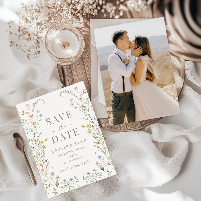 Fotot för målblomma Boho Spara datumfoto Inbjudningar (Skapare uppladdad)