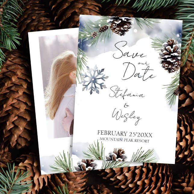 Fotot för vintervattenfärgen snowy gräs sparar dat spara datumet (Winter wedding photo save the date editable template digital download watercolor pines snowflakes)
