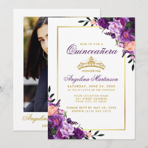 Fotot från Quinceanera Lila Blommigt Guld Krona Inbjudningar