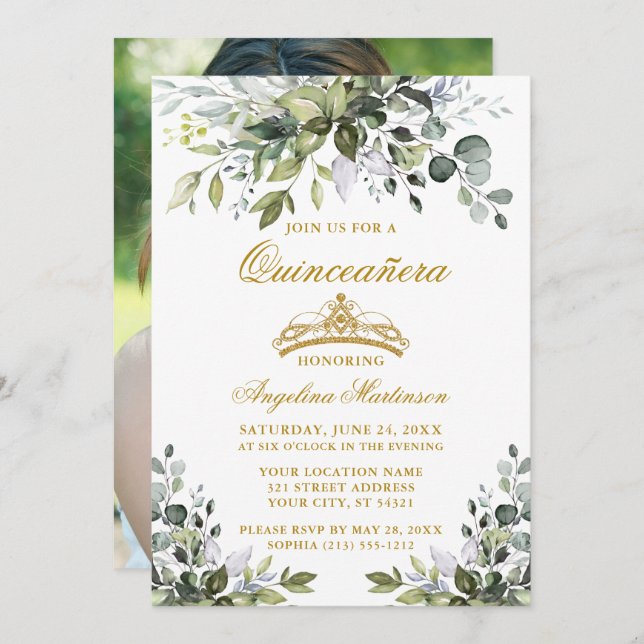 Fotot från Watercolor Greenery Quinceañera Guld Inbjudningar (Fram/baksida)