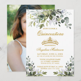 Fotot från Watercolor Greenery Quinceañera Guld Inbjudningar