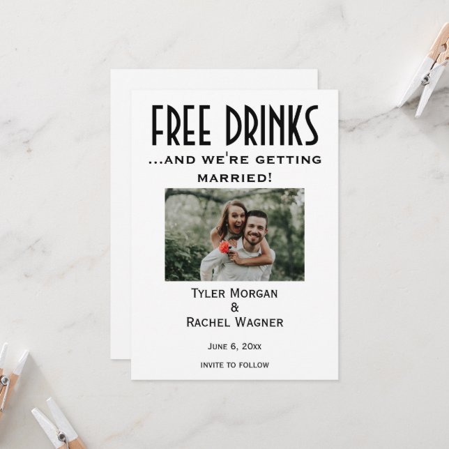 Fotot "Free Drinks" Sparar datumen Inbjudningar (Fram/Back In Situ)