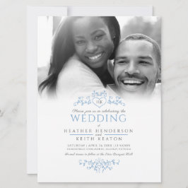 Fotot löv line art hjärta monogram blue bröllop inbjudningar