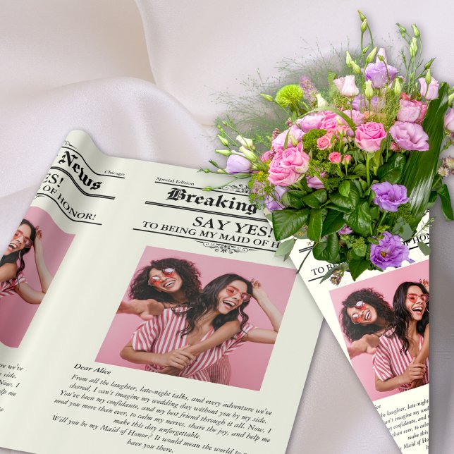 Fotot Maid of honor för blomning Presentpapper (Newspaper Flower Wrap Photo Maid of Honor Wrapping Paper)