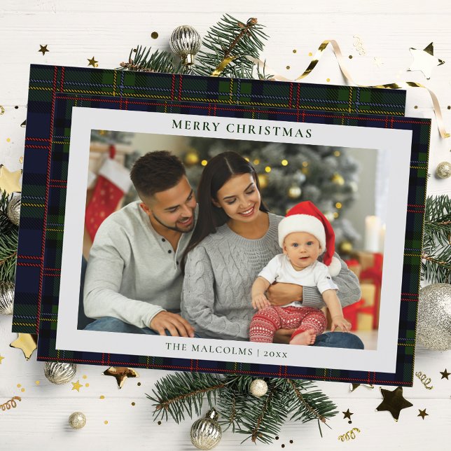 Fotot Malcolm Tartan-jul Julkort (Plaid Rustic Malcolm Tartan Family Photo Christmas Greetings Card)