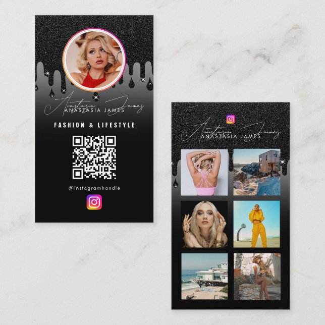 Fotot Matar Grid Social Media QR-kod, svart Glitte Visitkort (Fram/baksida)