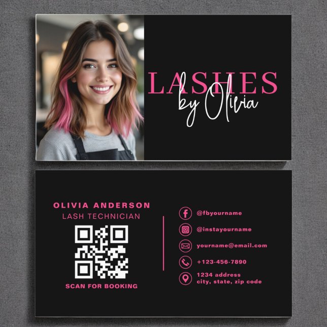 Fotot QR-kod Lash Technician Shock rosa Black Visitkort (Skapare uppladdad)