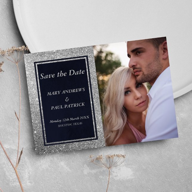 Fotot Spara datum för Glam navy blue silver glitte Spara Datumet (Glam navy blue silver glitter photo Save The Date)