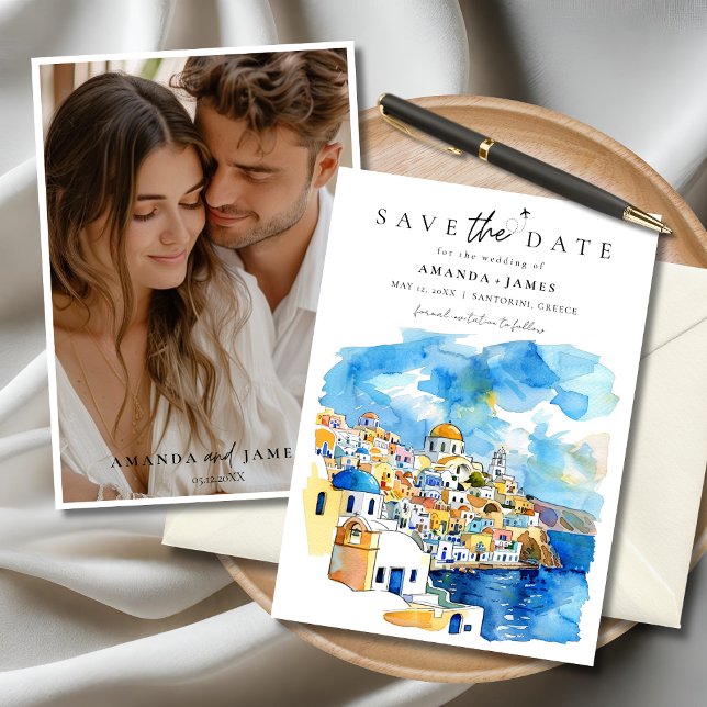 Fotot Spara datum för Greklands målbröllop Inbjudningar (Elegant Santorini wedding save the date card with custom couple photo and watercolor illustration)