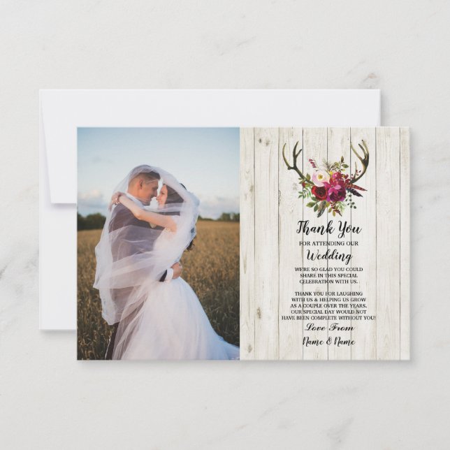 Fototack, du Card Bröllop Antler Blommigt Wood Inbjudningar (Framsida)
