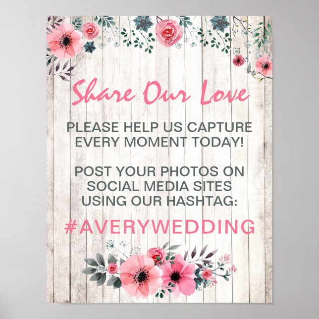 Fototecken för Rustic Wood Blommigt Bröllop Hashta Poster (Framsidan)