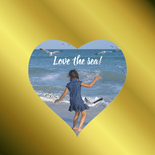Fototext för Blue Sea and Beach Joy Lycklig Dance Hjärtformat Klistermärke