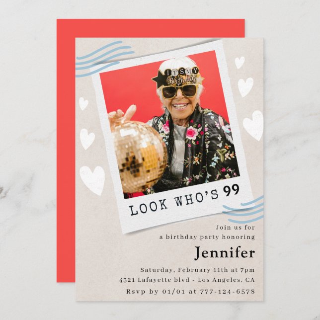 Fototitta vem som fyller 99 år inbjudningar (Fram/baksida)