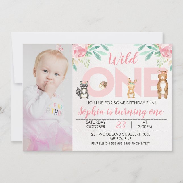 Fototrädsdjur 1:a födelsedagsinbjudan inbjudningar (Framsida)