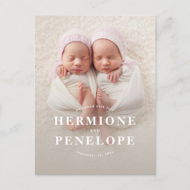 Fotottwin modern typografisk födsel helg vykort (Framsida)