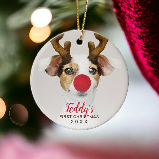 Fototypografi av den söta sällskapsdjurets första  julgransprydnad keramik (First Christmas cute pet dog photo typography Ceramic Ornament)