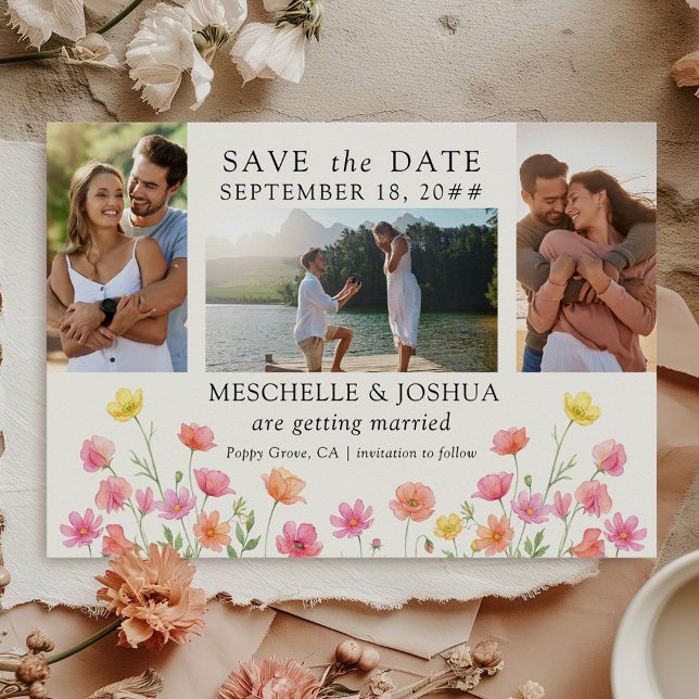 Fotouppsättning Rosa Orange Blommig Bröllop Spara Datumet (Wedding Photo Save the Date from the Wildflower Bloom collection by Darling & May)