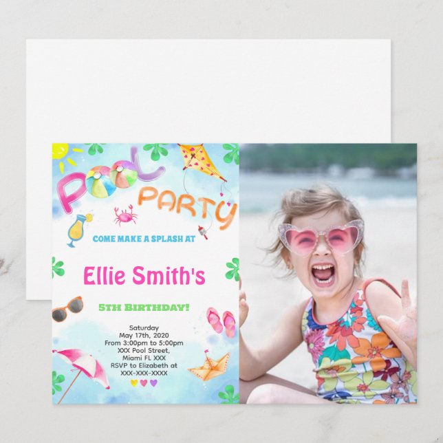 Fotoutbjudan till Flickan Bassäng på födelsedagen Inbjudningar (Fram/baksida)