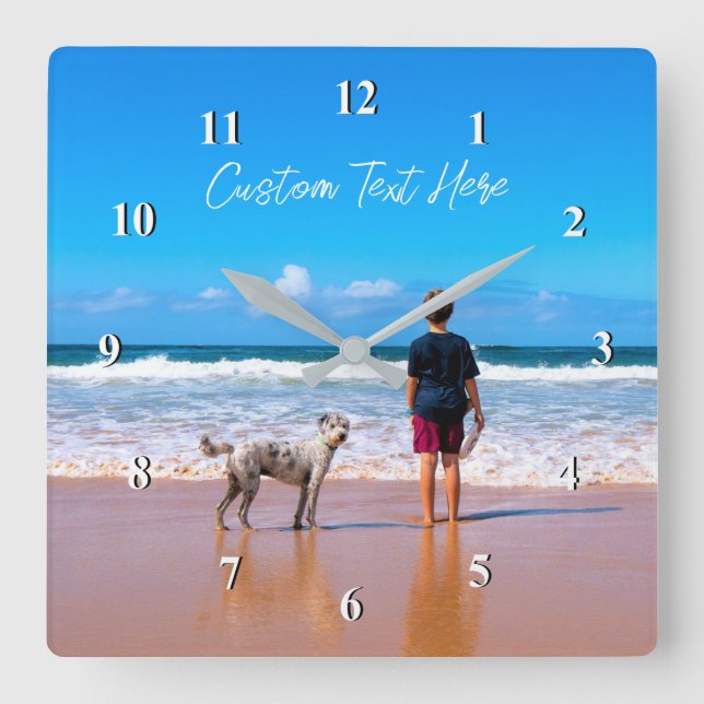 Fotoväggsklocka med Anpassningsbar Text Namn Fyrkantig Klocka (Framsida)