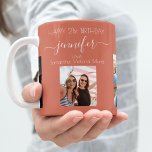 Fotovänner på födelsedagen namn terracotta jord kaffemugg<br><div class="desc">En gåva från vänner för en kvinnas 21:a födelsedag, som firar hennes liv med tre av dina foton av henne, hennes vänner, familj, intresse eller husdjur. Anpassa och lägg till namn, 21 år och namn. En terracotta, brun jordbotten med färgad. Hennes namn är skrivet med ett modernt handskript i stil...</div>