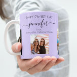 Fotovänner på födelsedagen namn violet lavender kaffemugg<br><div class="desc">En gåva från vänner för en kvinnas 21:a födelsedag, som firar hennes liv med tre av dina foton av henne, hennes vänner, familj, intresse eller husdjur. Anpassa och lägg till namn, 21 år och namn. En violett, lavender färgad bakgrund. Hennes namn är skrivet med ett modernt handskript i stil med...</div>