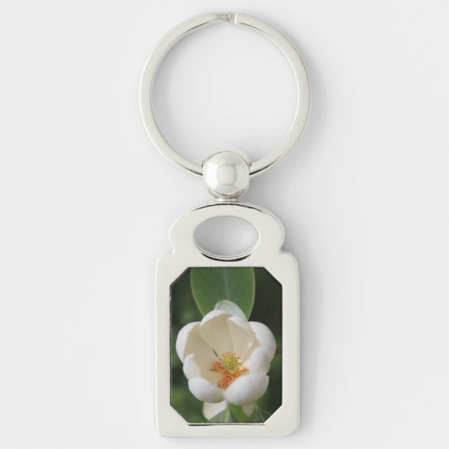 fotovit magnolia blomning - rektangulärt silverfärgad nyckelring (Framsidan)