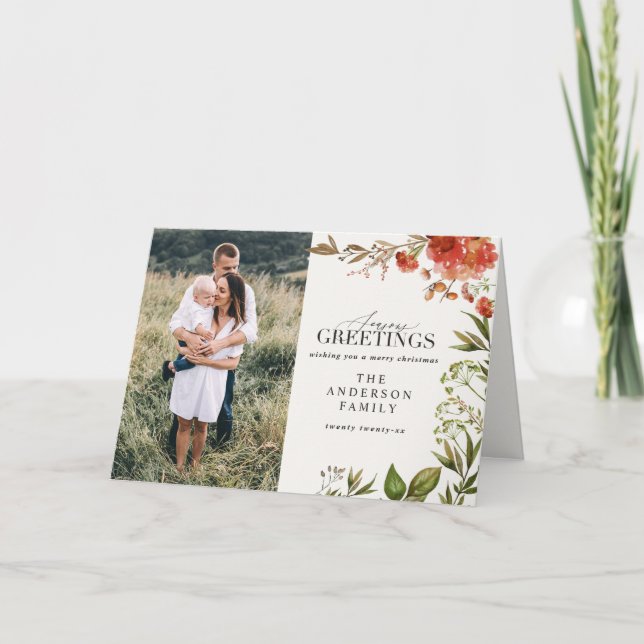 Fotrött och grönt för julgransbitarna helgkort (Framsida)