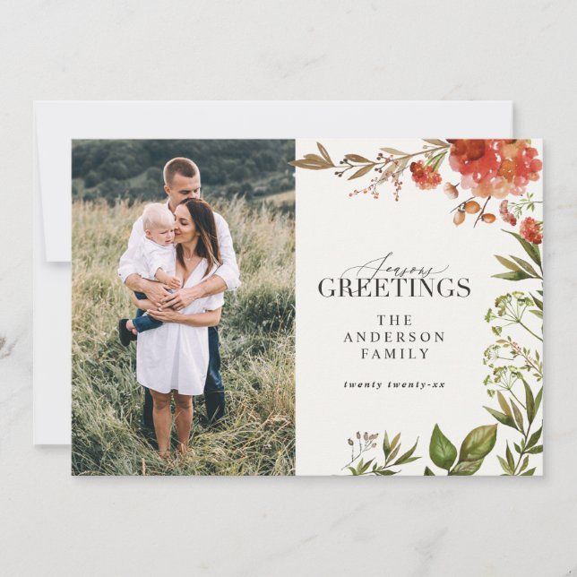 Fotrött och grönt för julgransbitarna julkort (Framsida)