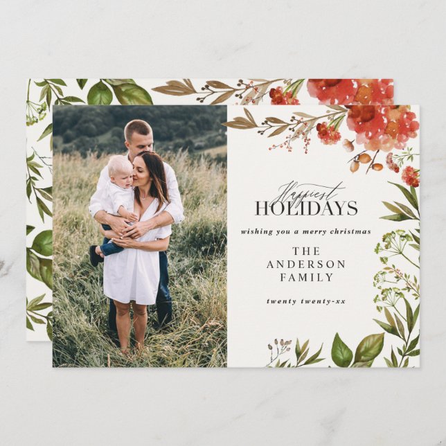 Fotrött och grönt för julgransbitarna julkort (Fram/baksida)