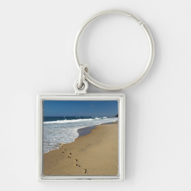 Fotspår på strand, Mabibi, Thongaland Fyrkantig Silverfärgad Nyckelring (Framsidan)