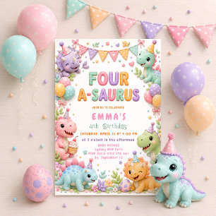 Four-A-Saurus 4-års födelsedagsfest Tjej Dinosauri Inbjudningar