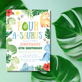 Four A-Saurus Dino 4th Birthday Inbjudningar
