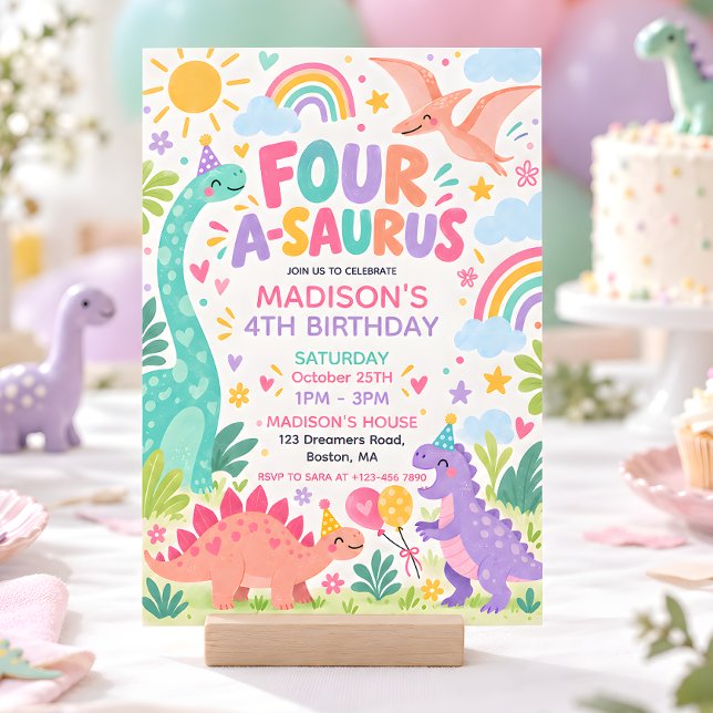 Four A Saurus Pastell Dinosaur 4-årsdag Inbjudningar (Skapare uppladdad)
