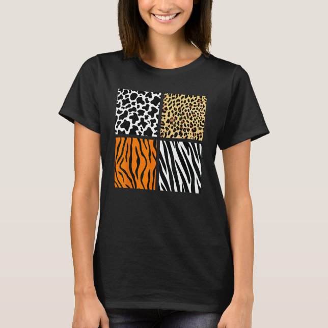 Four Animal Pattern Cow Tiger Leopard Zebra Animal T Shirt (Framsida)