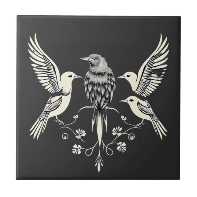 Four Birds on a Branch Illustration Kakelplatta (Framsidan)