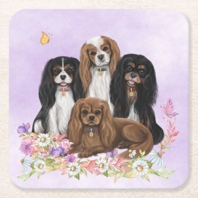 Four Cavalier King Charles Spaniels in Flowers  Underlägg Papper Kvadrat (Framsidan)
