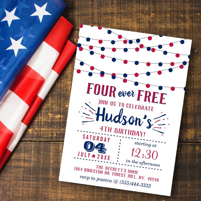 Four Ever Free! 4 juli 4-års födelsedagsfest Inbjudningar (Skapare uppladdad)