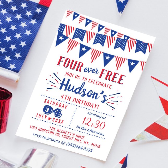 Four Ever Free! 4 juli 4-års födelsedagsfest Inbjudningar (Skapare uppladdad)